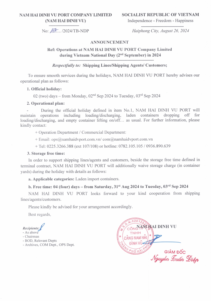 137.2024.tb ndp thông báo kế hoạch làm hàng dịp nghỉ lễ quốc khánh 02.09.2024 (en) 1